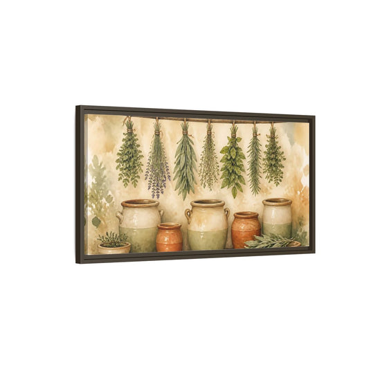Main Mockup. Hanging Herbs And Crocks shown as framed canvas print