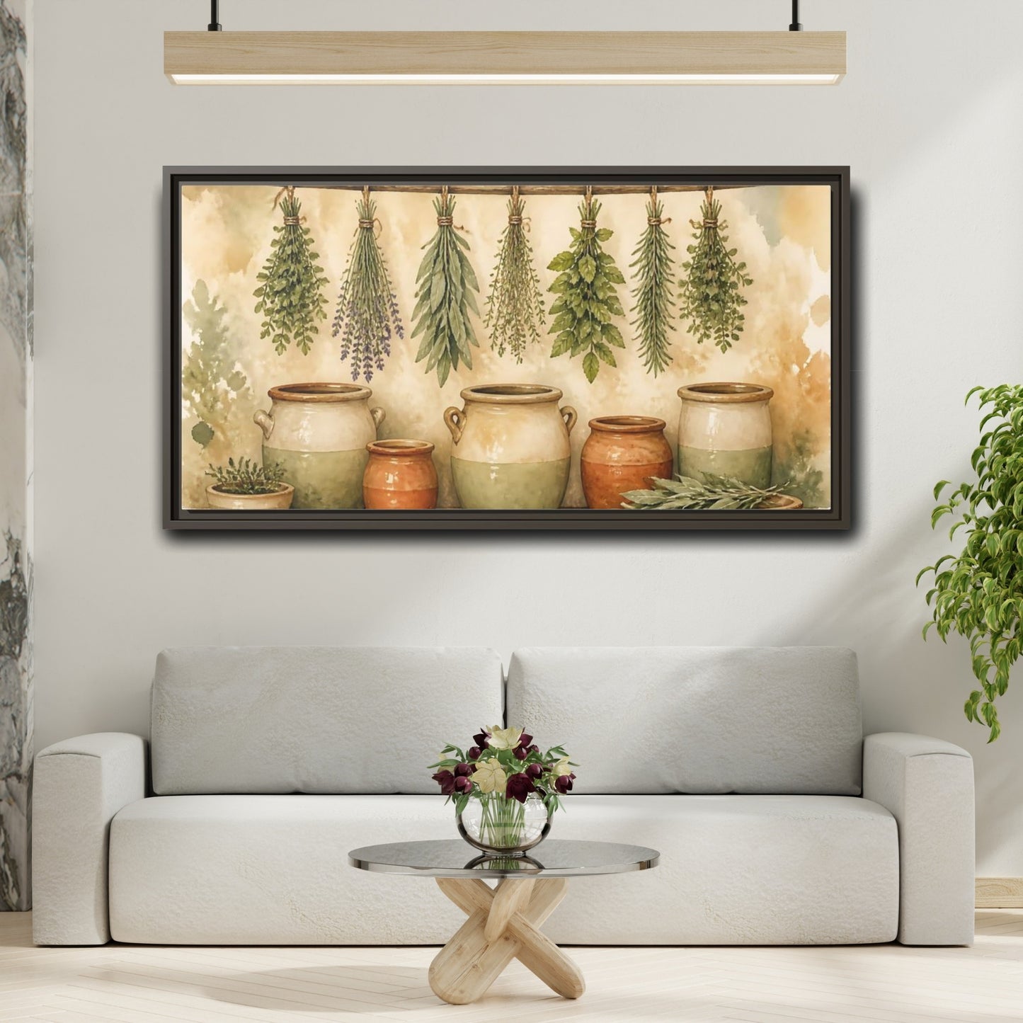 Mockup 2. Hanging Herbs And Crocks shown as framed canvas print