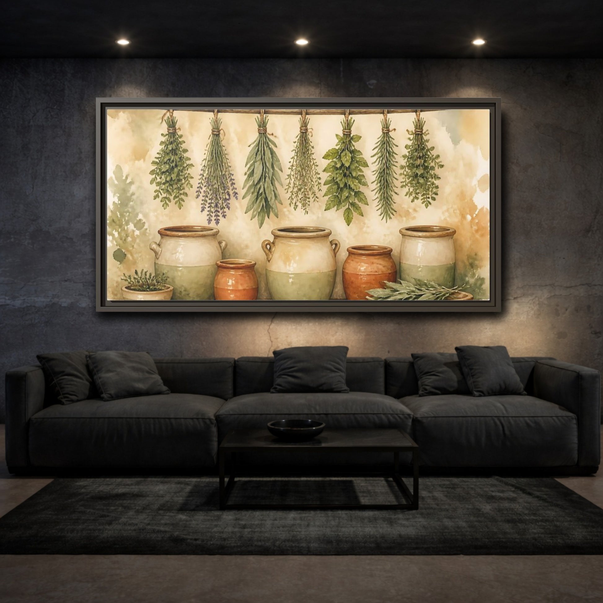 Mockup 3. Hanging Herbs And Crocks shown as framed canvas print