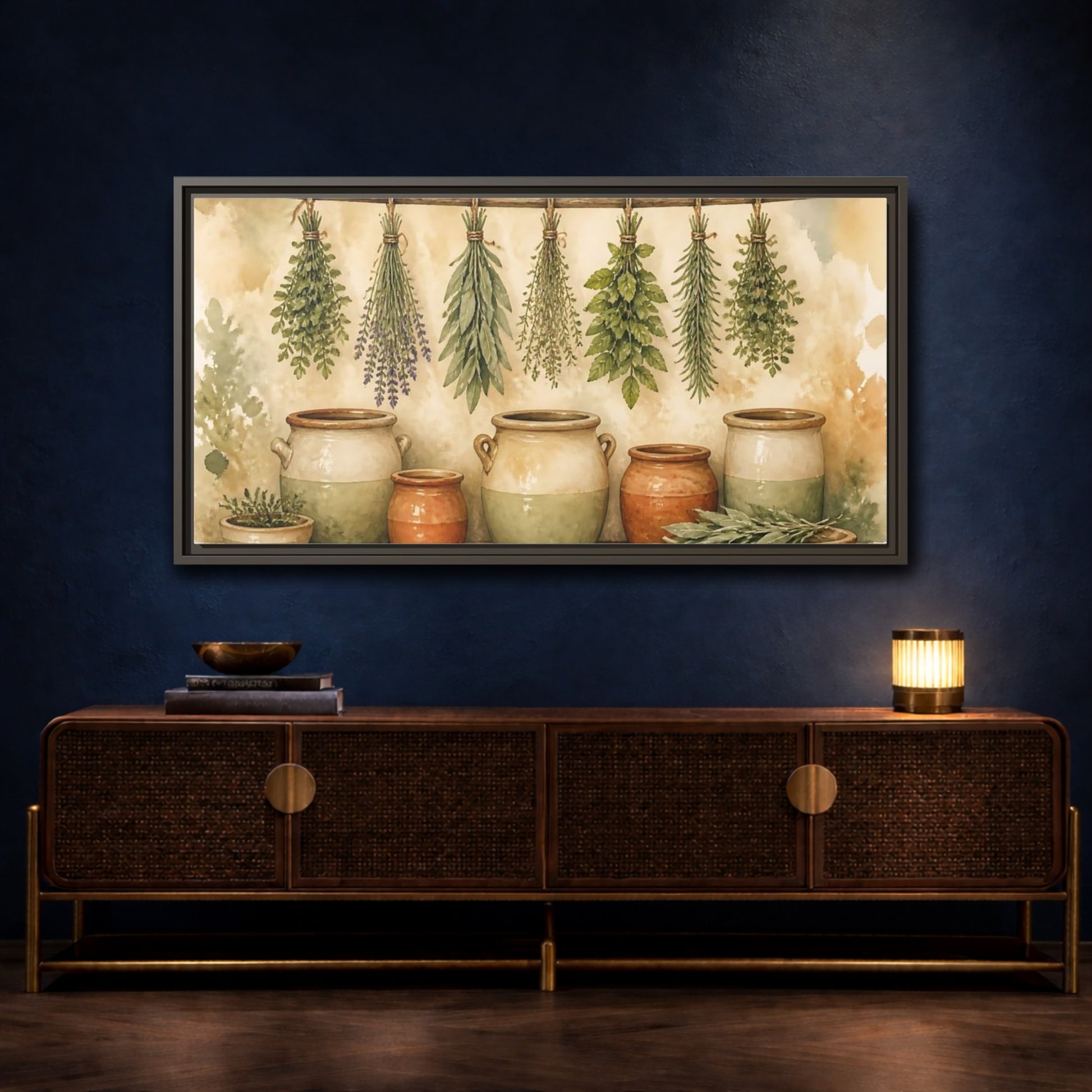 Mockup 4. Hanging Herbs And Crocks shown as framed canvas print