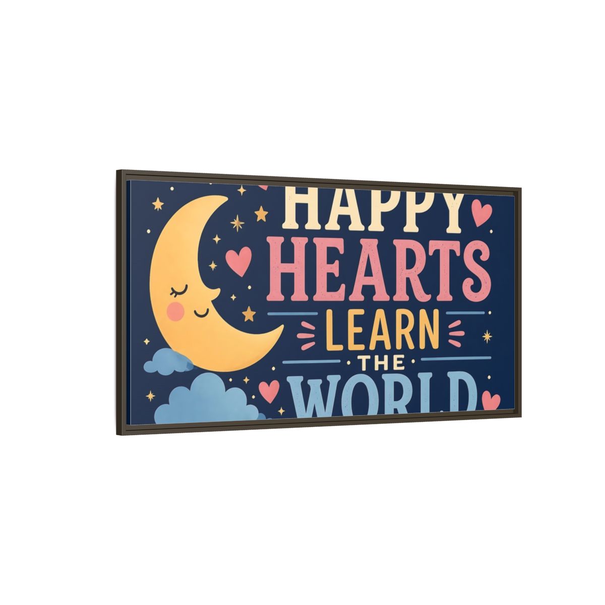 Side Mockup 4. Happy Hearts Moon shown as framed canvas print
