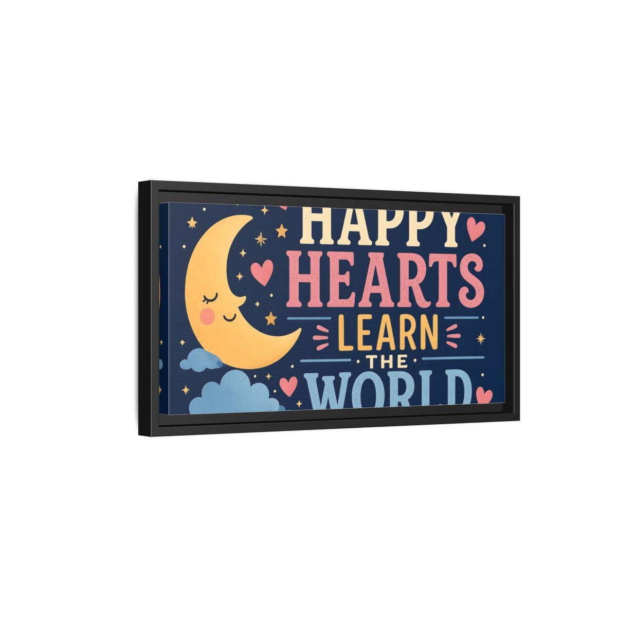 Side Mockup 8. Happy Hearts Moon shown as framed canvas print