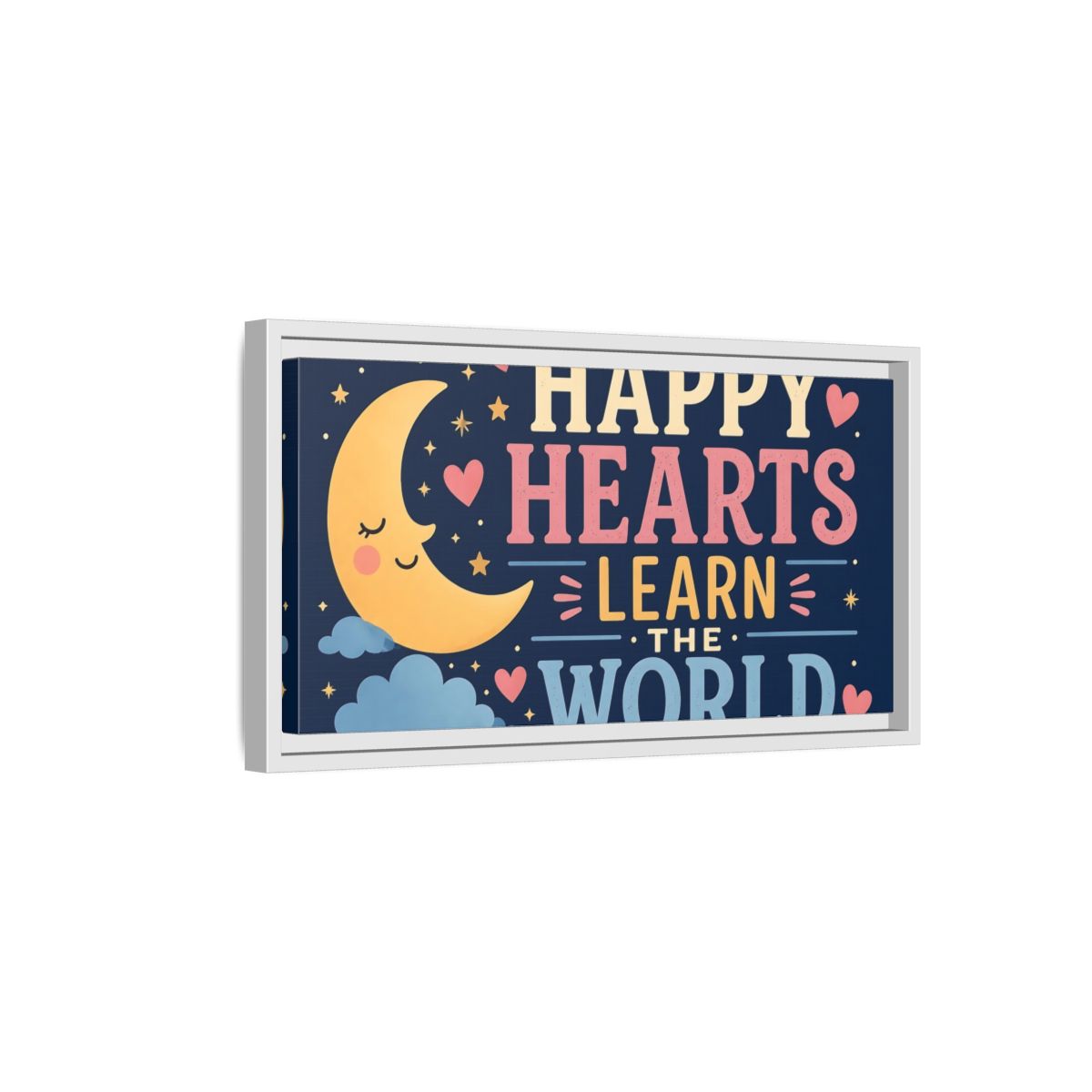 Side Mockup 6. Happy Hearts Moon shown as framed canvas print