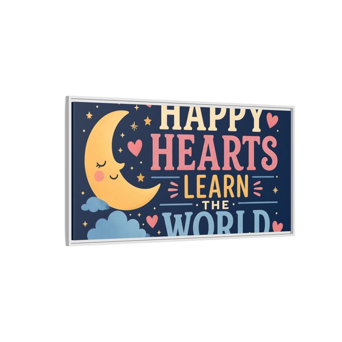 Side Mockup 3. Happy Hearts Moon shown as framed canvas print
