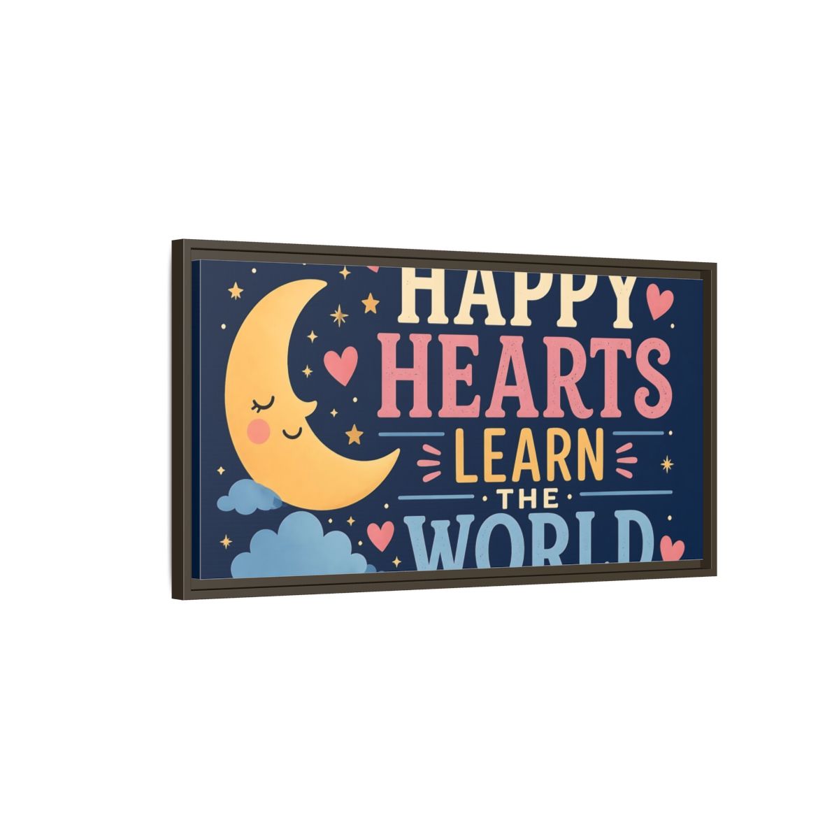 Main Mockup. Happy Hearts Moon shown as framed canvas print