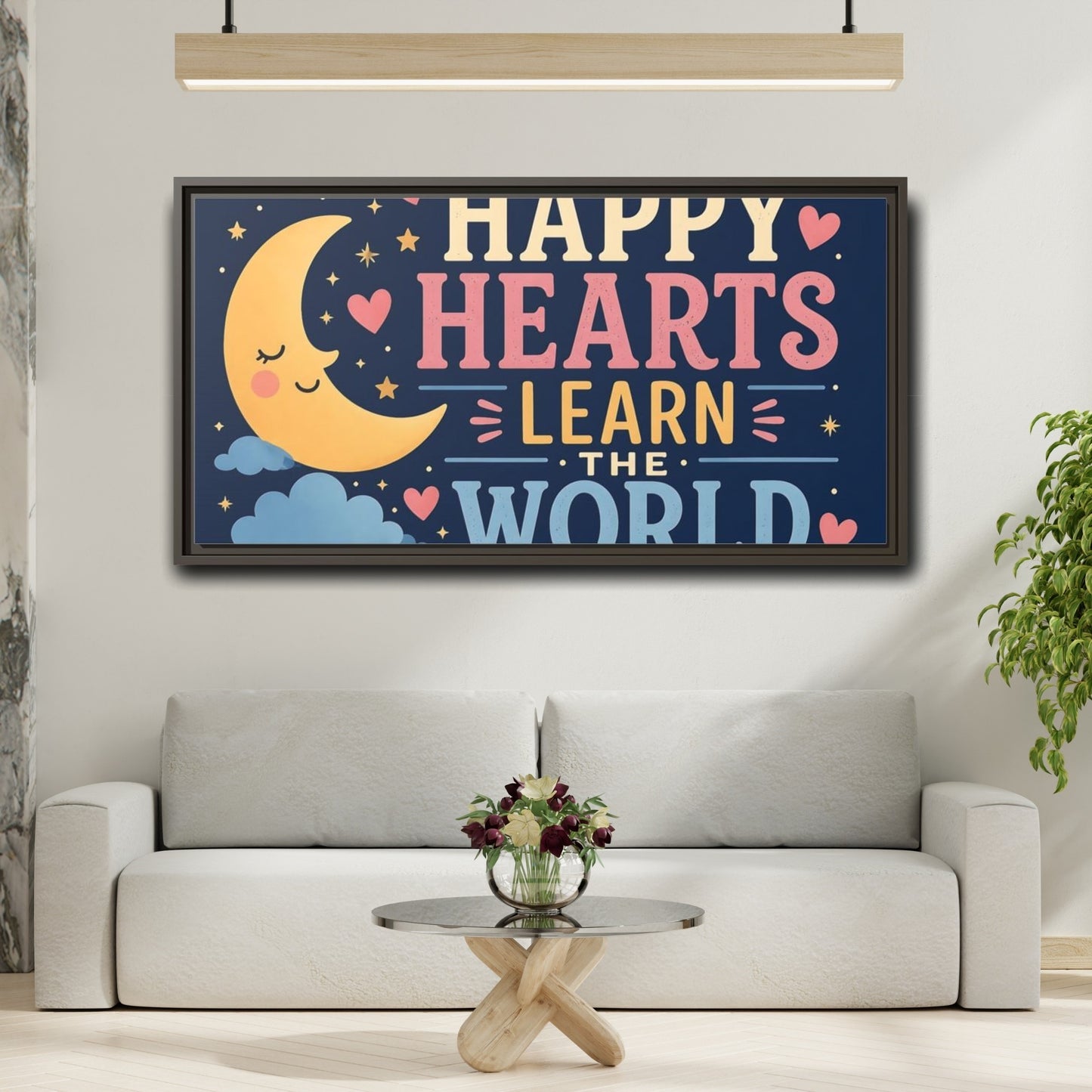 Mockup 2. Happy Hearts Moon shown as framed canvas print