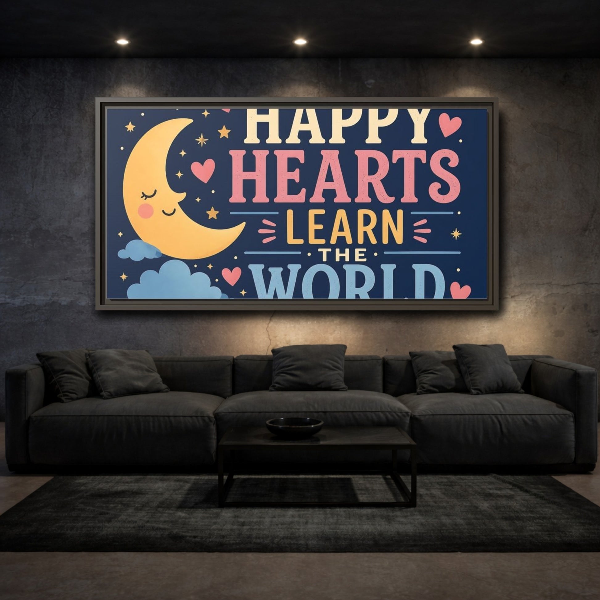 Mockup 3. Happy Hearts Moon shown as framed canvas print