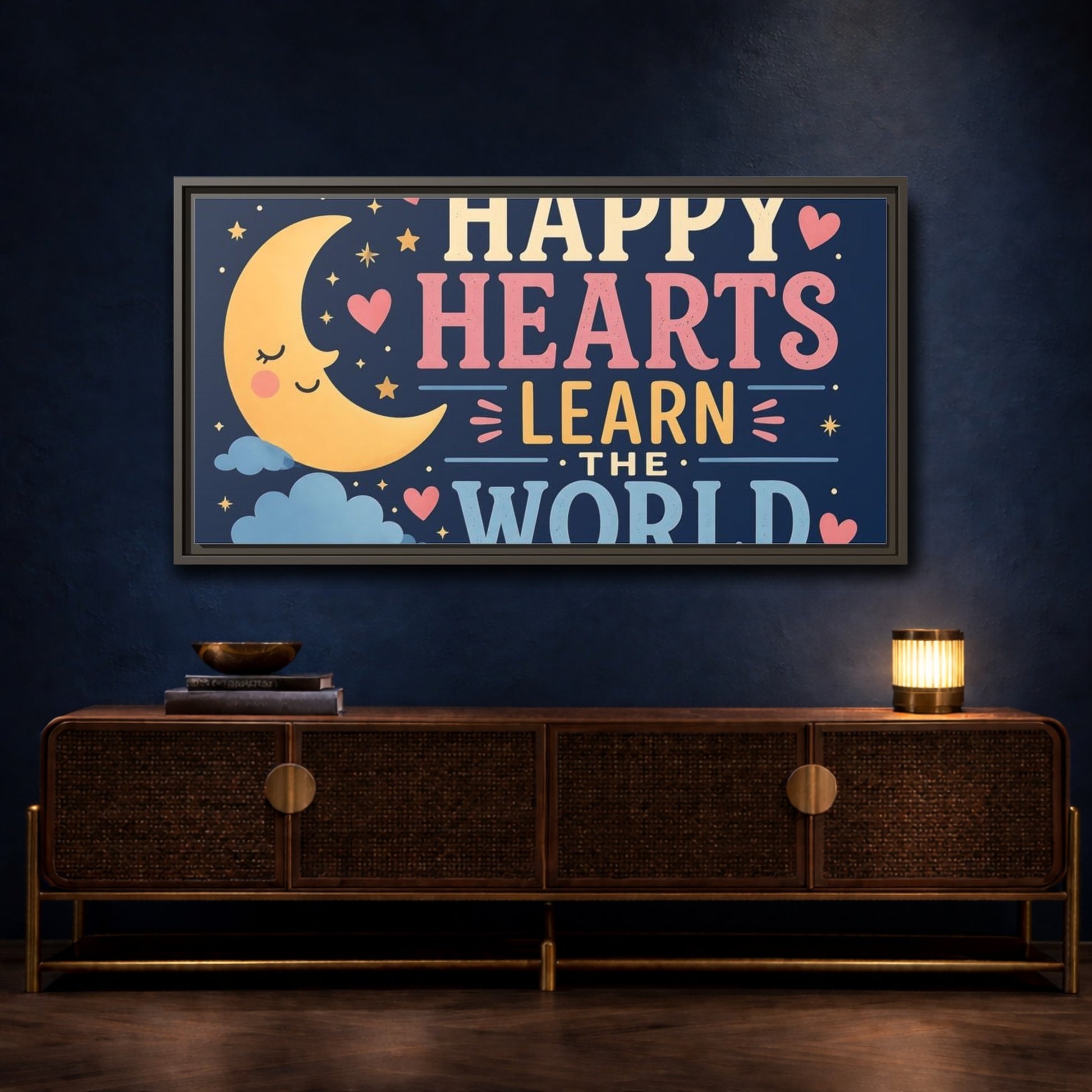 Mockup 4. Happy Hearts Moon shown as framed canvas print