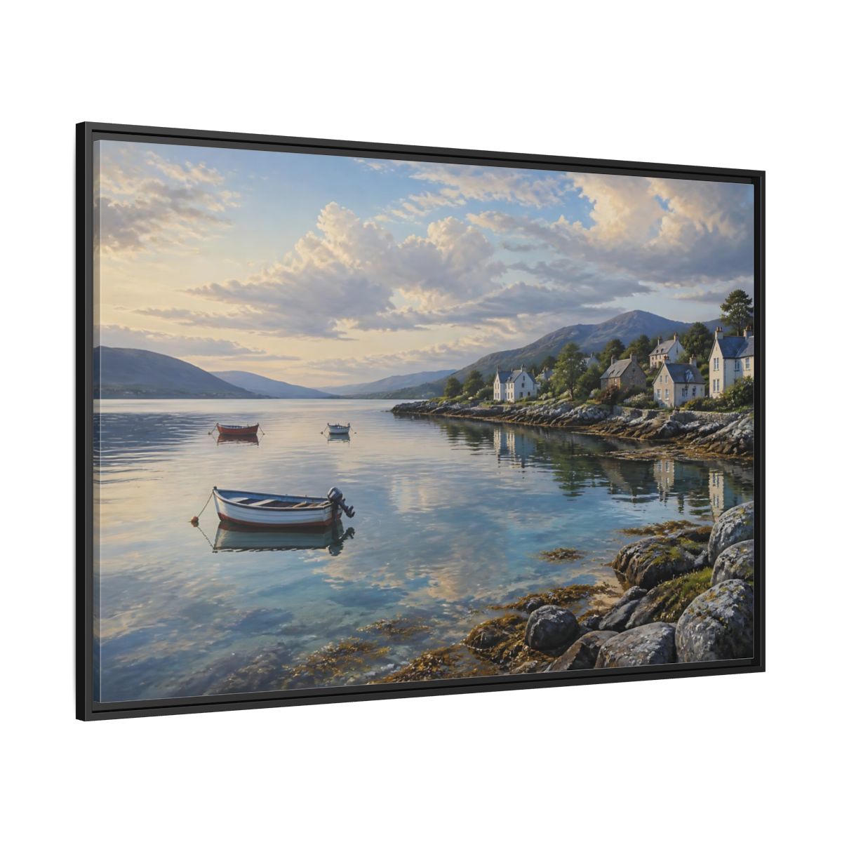 Side Mockup 12. Harbor At Dawn shown as framed canvas print