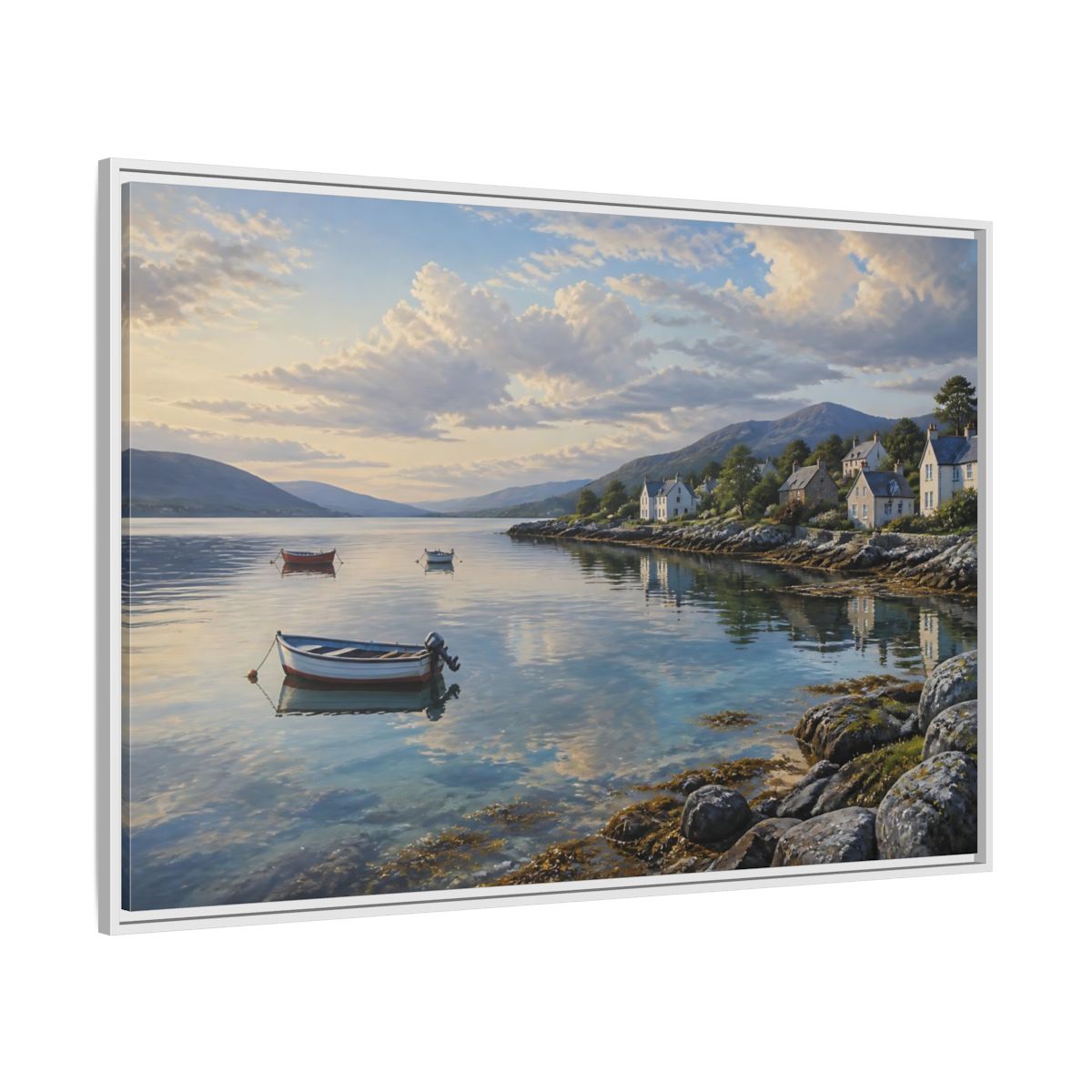 Side Mockup 7. Harbor At Dawn shown as framed canvas print