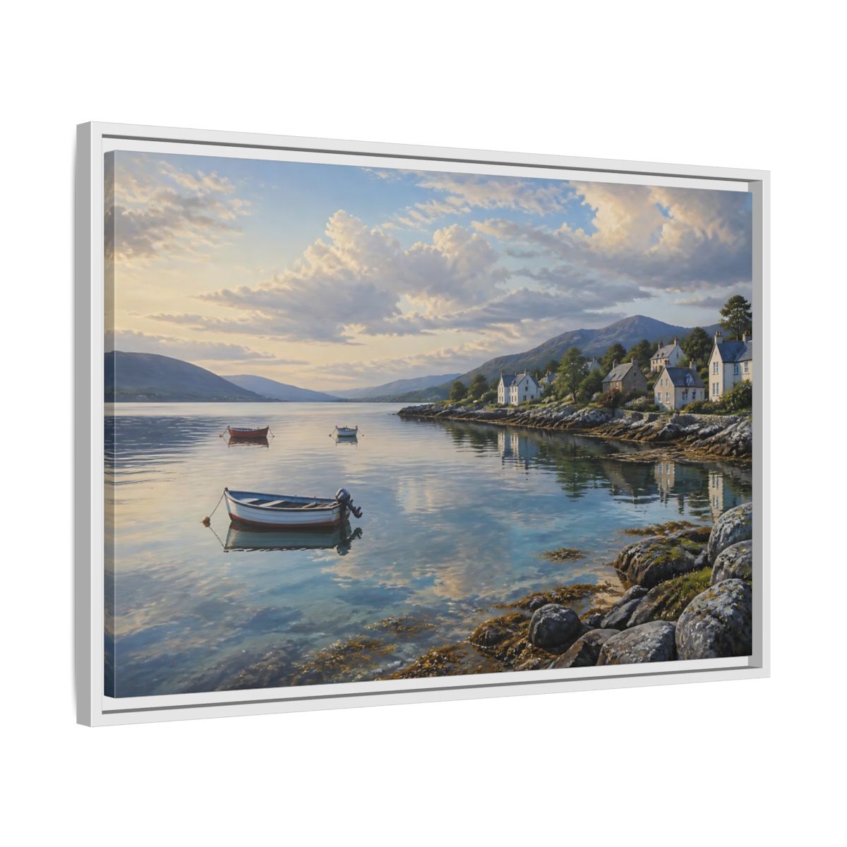 Side Mockup 10. Harbor At Dawn shown as framed canvas print