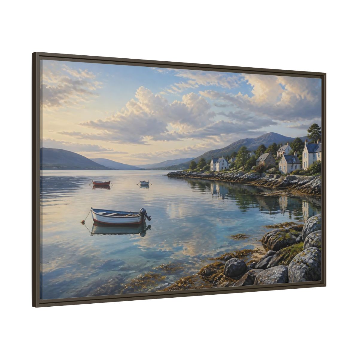 Side Mockup 8. Harbor At Dawn shown as framed canvas print
