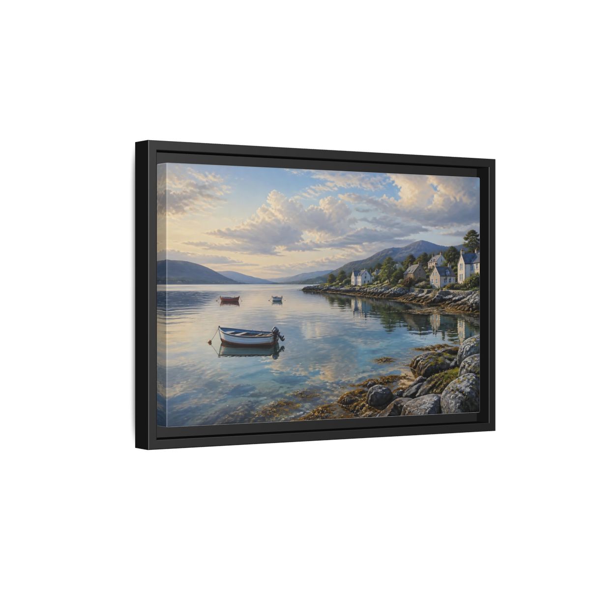 Side Mockup 6. Harbor At Dawn shown as framed canvas print