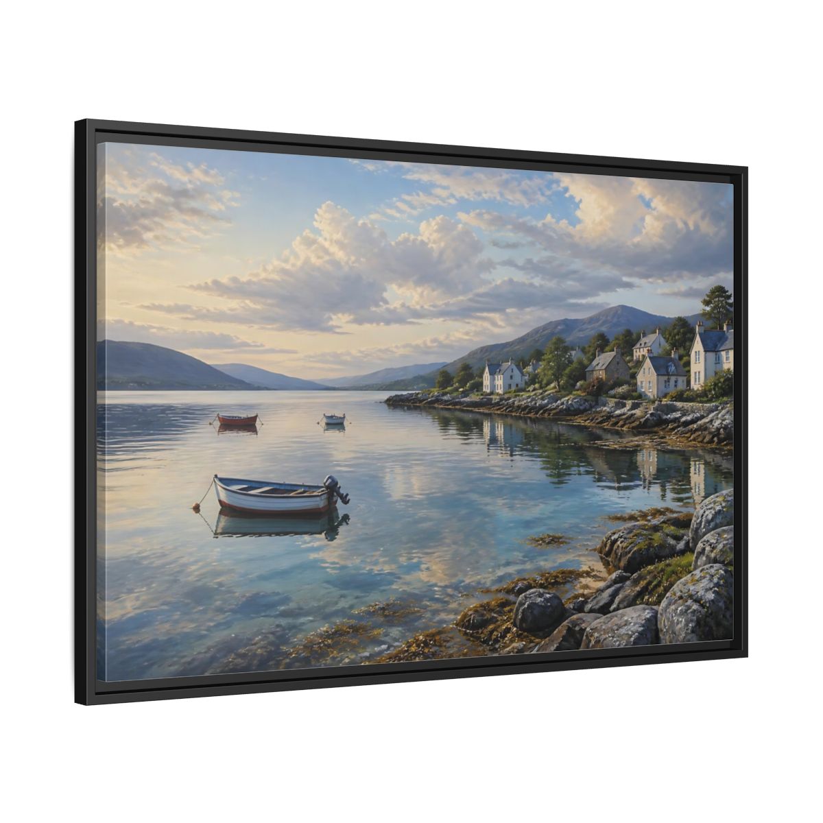Side Mockup 13. Harbor At Dawn shown as framed canvas print