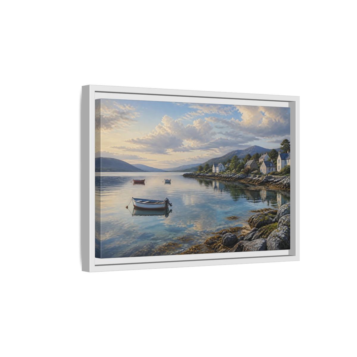 Side Mockup 4. Harbor At Dawn shown as framed canvas print