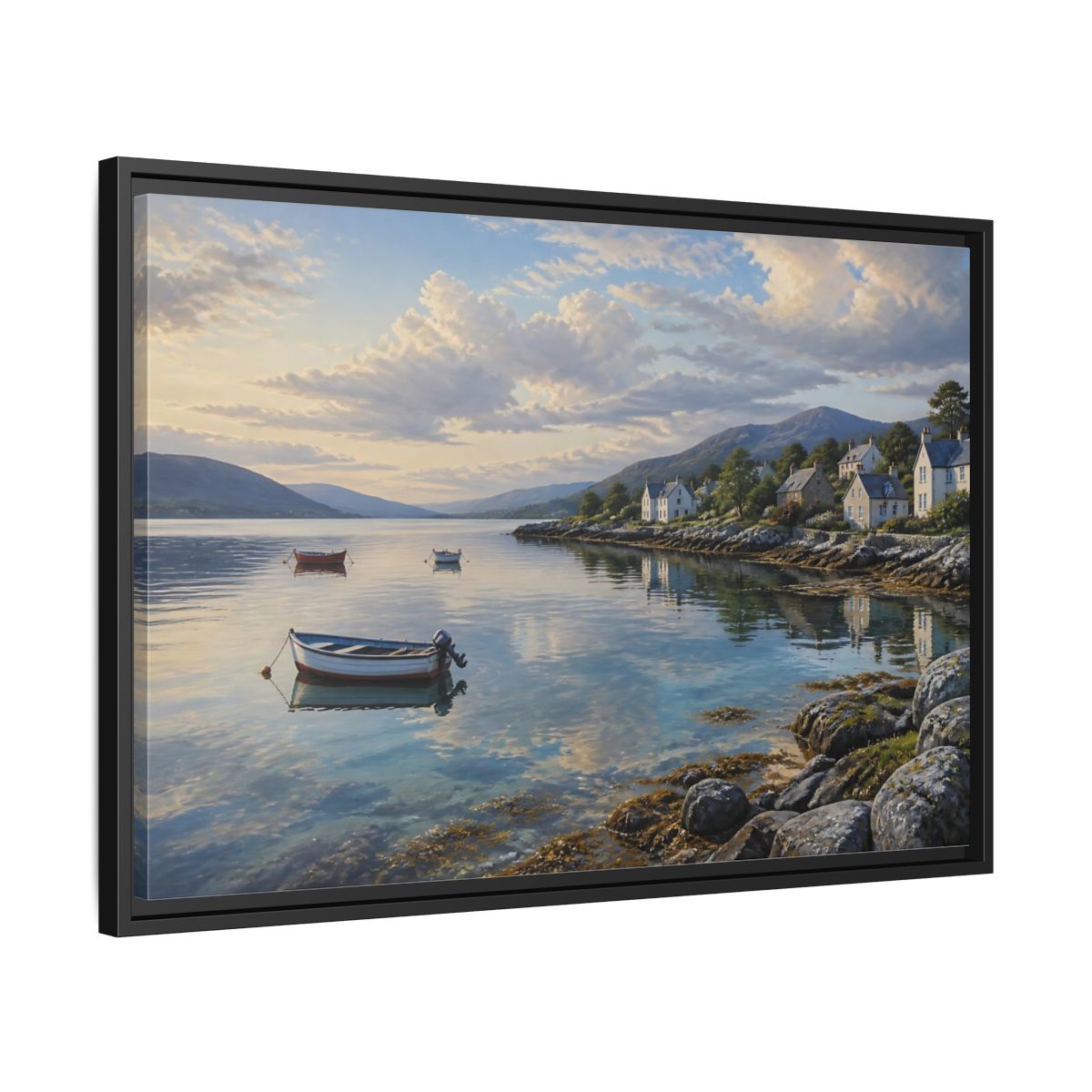 Side Mockup 14. Harbor At Dawn shown as framed canvas print