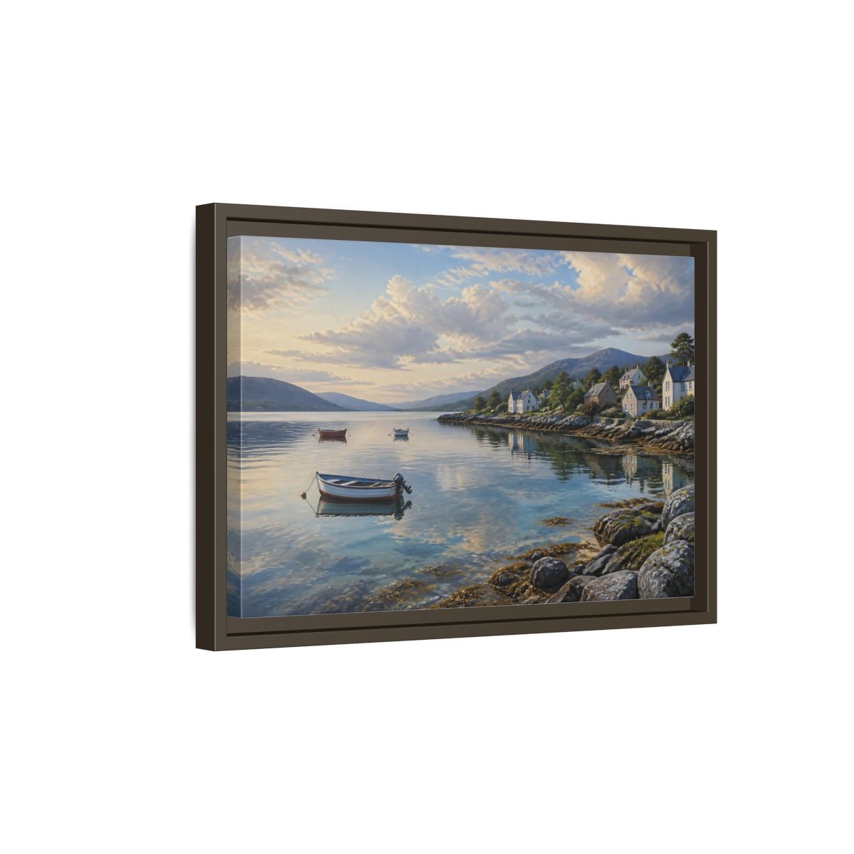Side Mockup 5. Harbor At Dawn shown as framed canvas print