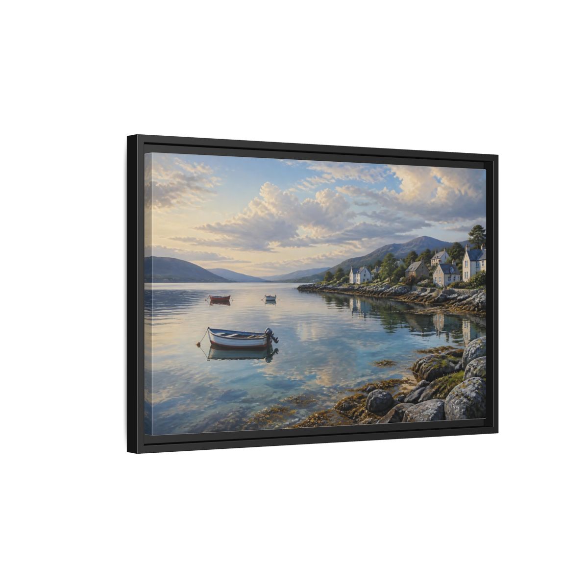 Side Mockup 3. Harbor At Dawn shown as framed canvas print