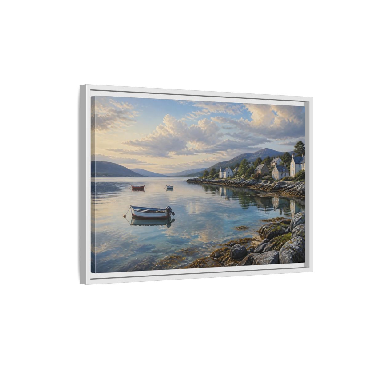 Side Mockup 1. Harbor At Dawn shown as framed canvas print