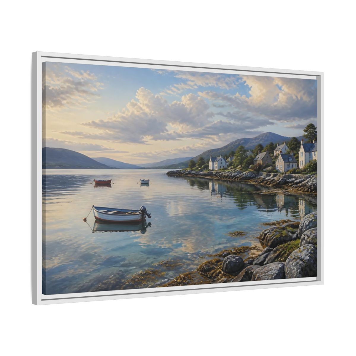 Side Mockup 9. Harbor At Dawn shown as framed canvas print