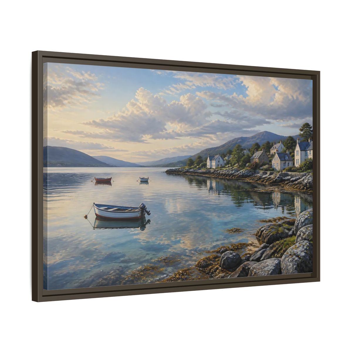 Side Mockup 11. Harbor At Dawn shown as framed canvas print