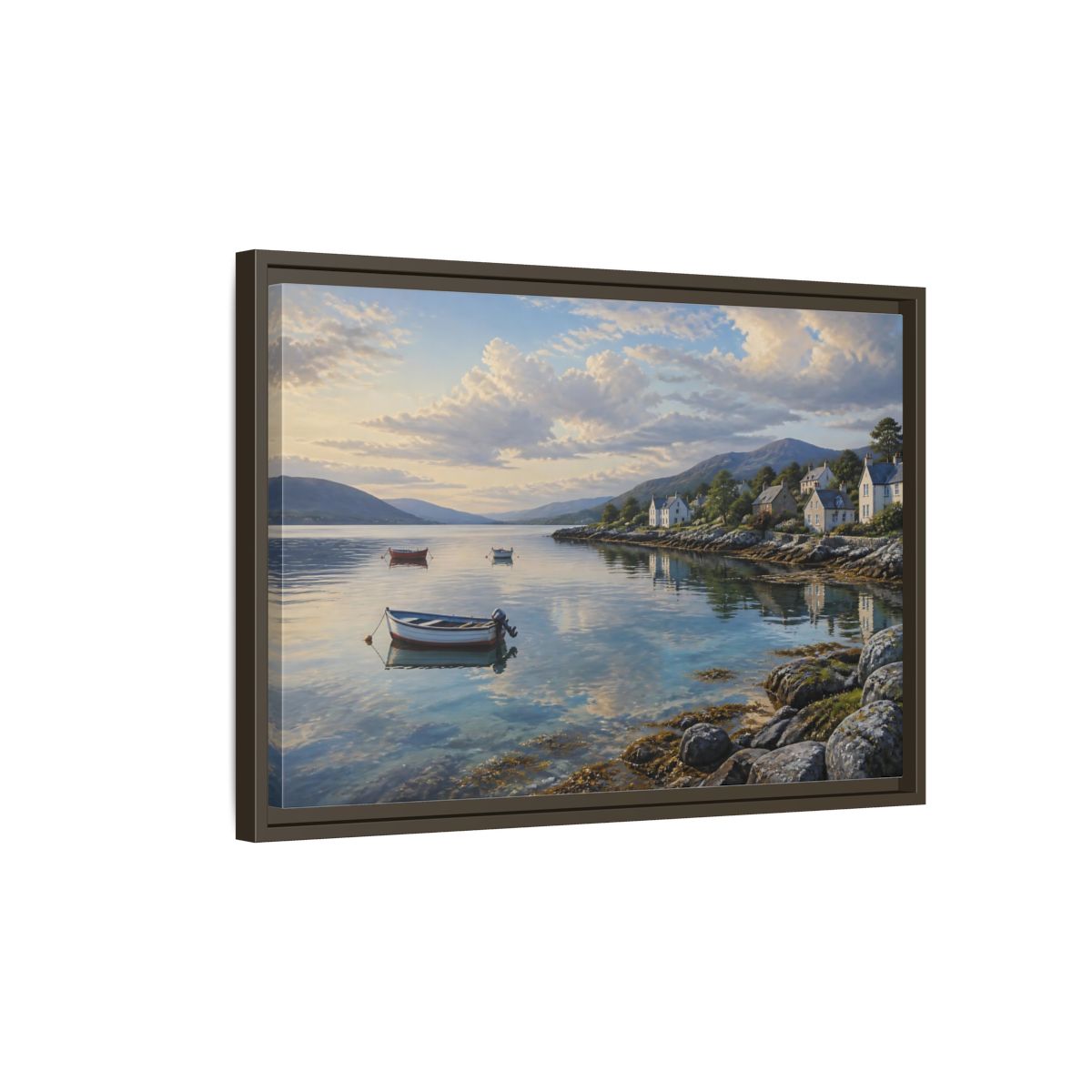 Side Mockup 2. Harbor At Dawn shown as framed canvas print