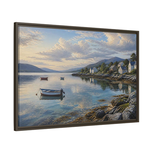 Main Mockup. Harbor At Dawn shown as framed canvas print