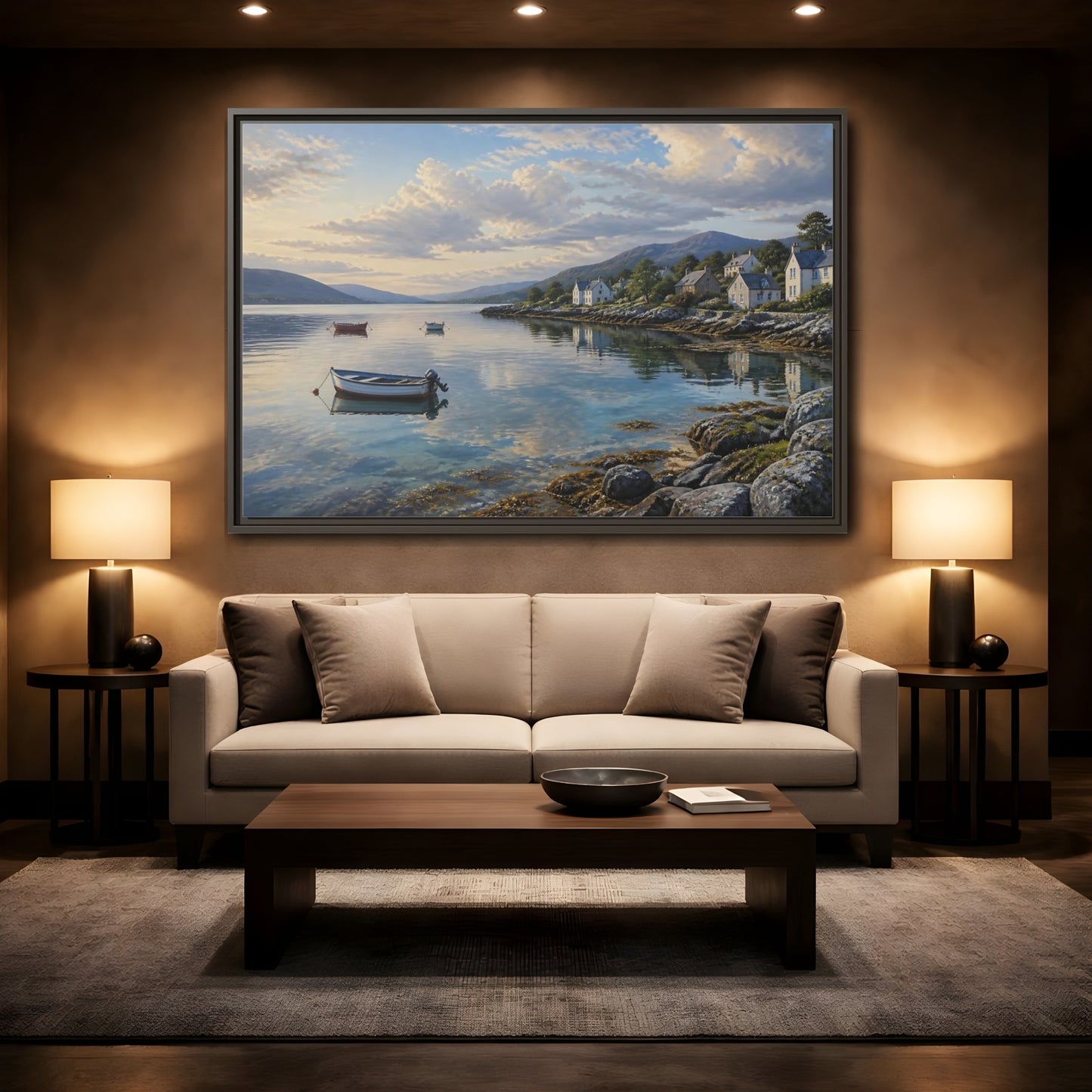 Mockup 2. Harbor At Dawn shown as framed canvas print