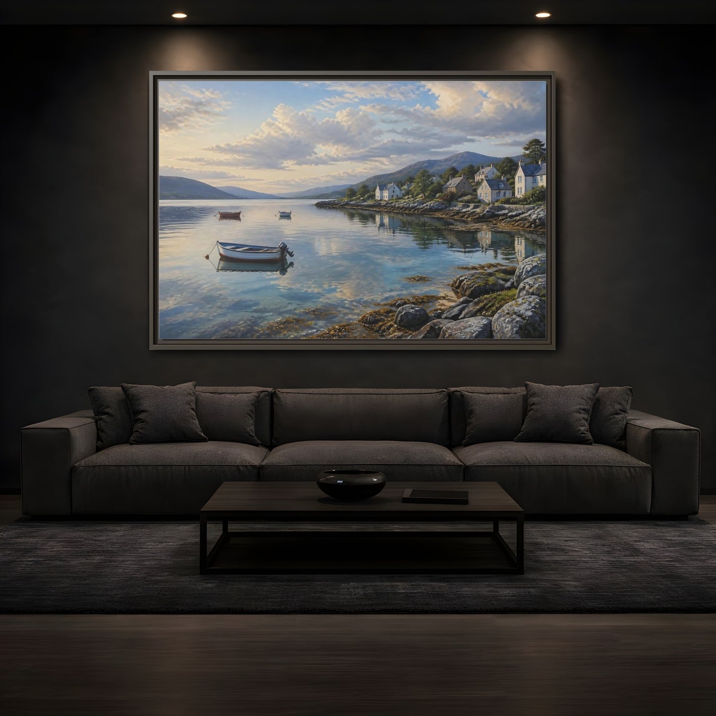 Mockup 3. Harbor At Dawn shown as framed canvas print