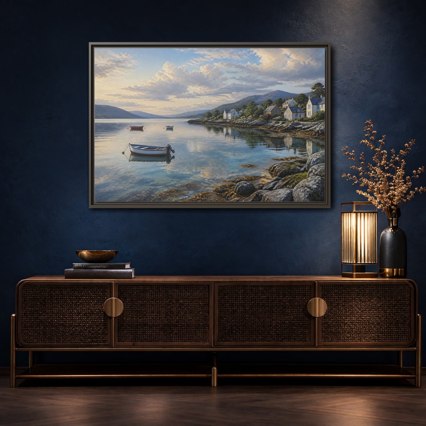Mockup 4. Harbor At Dawn shown as framed canvas print