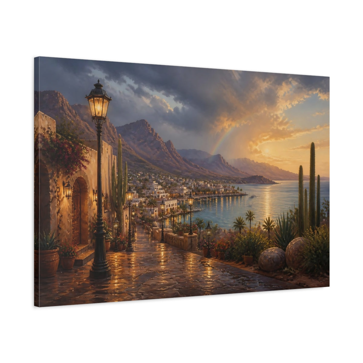 Main Mockup. Harbor Landscape At Sunset shown as canvas print