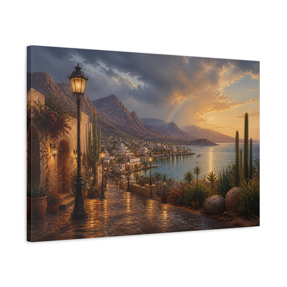 Side Mockup 2. Harbor Landscape At Sunset shown as canvas print