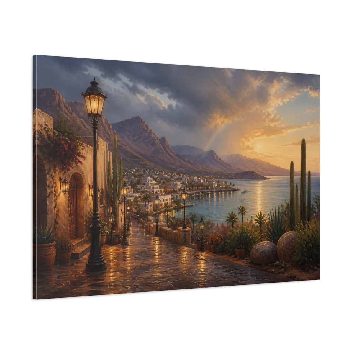 Side Mockup 1. Harbor Landscape At Sunset shown as canvas print