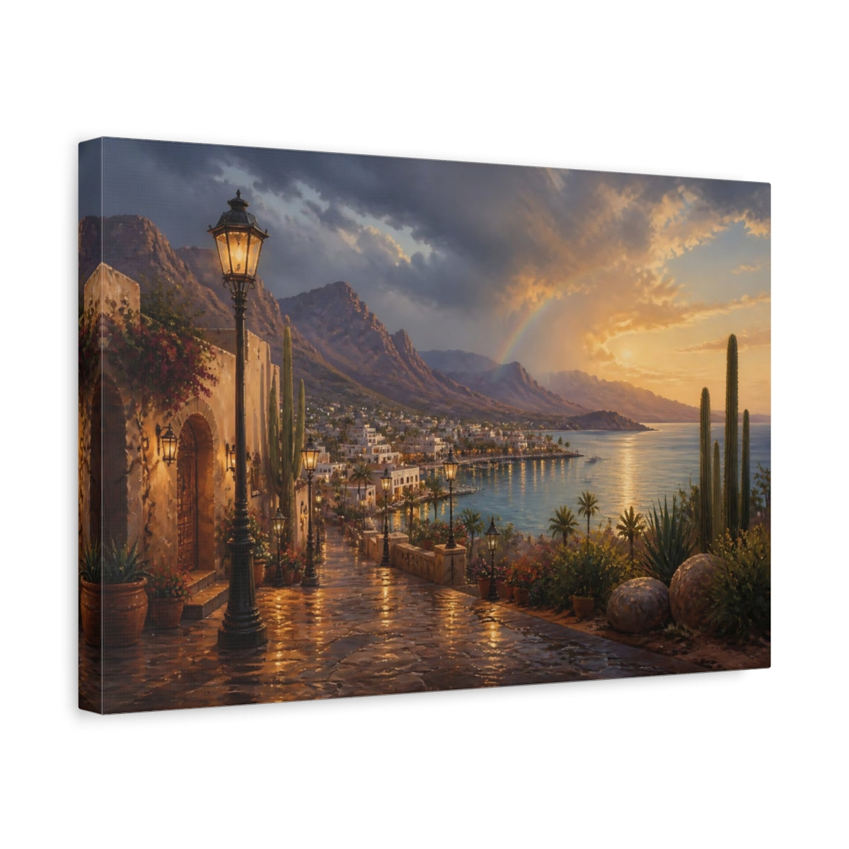 Side Mockup 4. Harbor Landscape At Sunset shown as canvas print