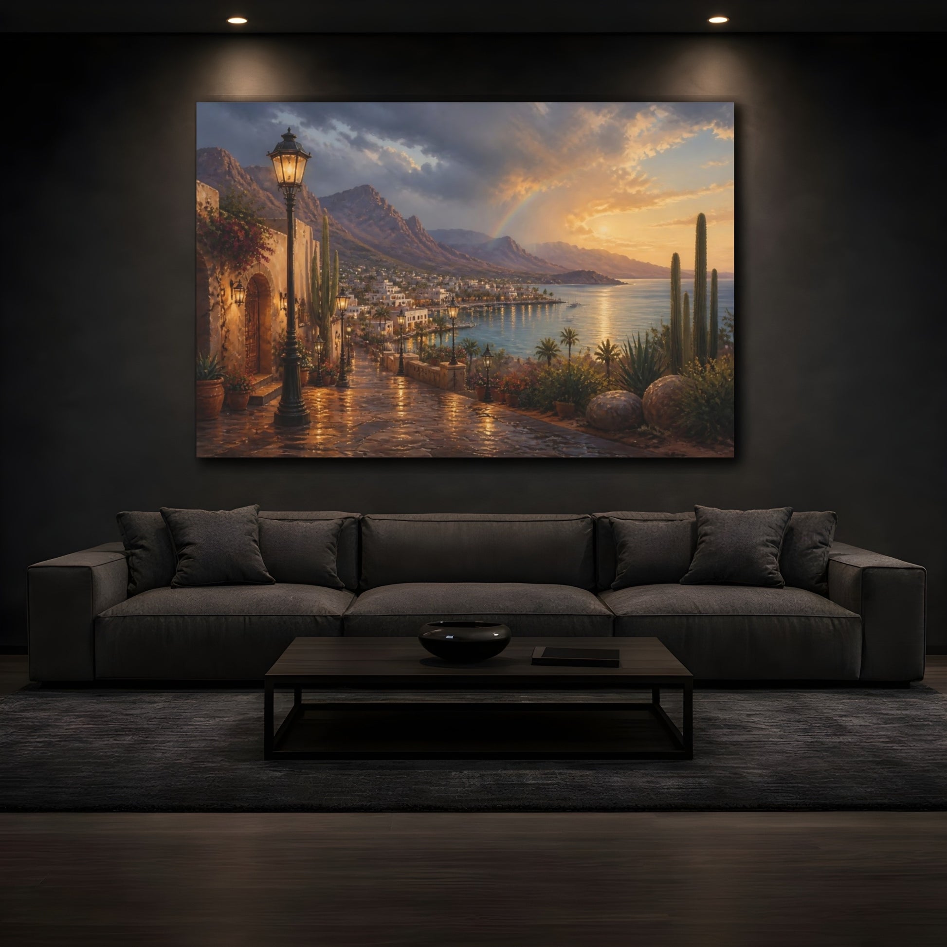 Mockup 3. Harbor Landscape At Sunset shown as canvas print