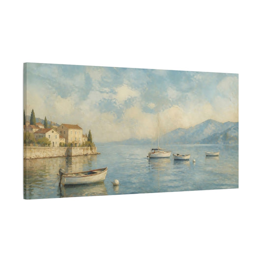 Main Mockup. Harbor Morning Boats shown as canvas print