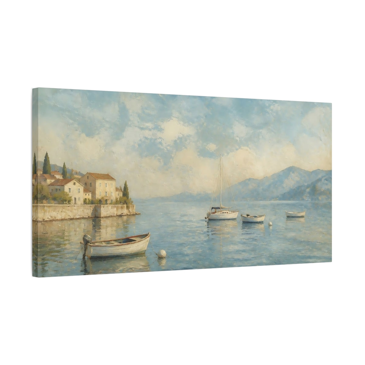 Side Mockup 1. Harbor Morning Boats shown as canvas print