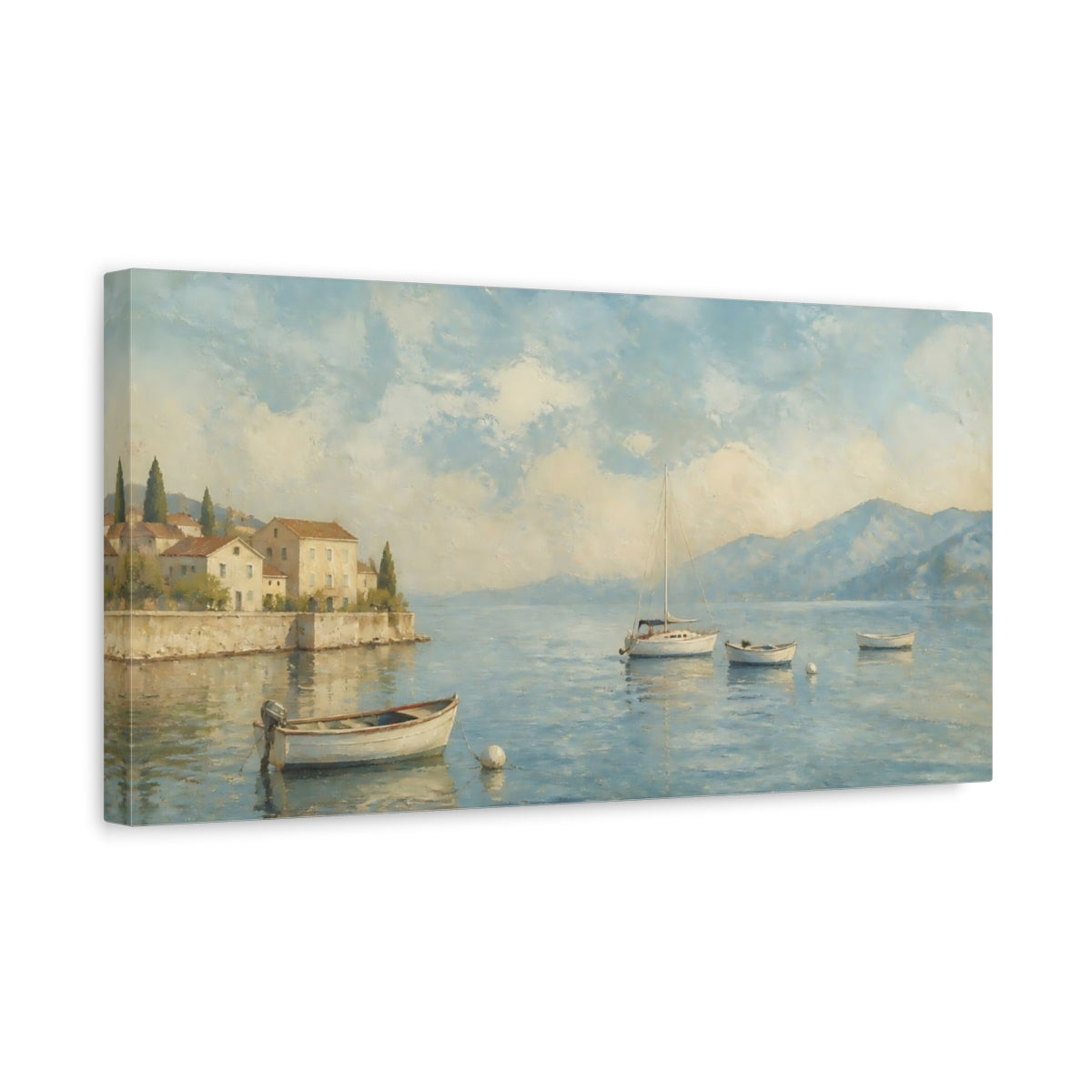 Side Mockup 3. Harbor Morning Boats shown as canvas print