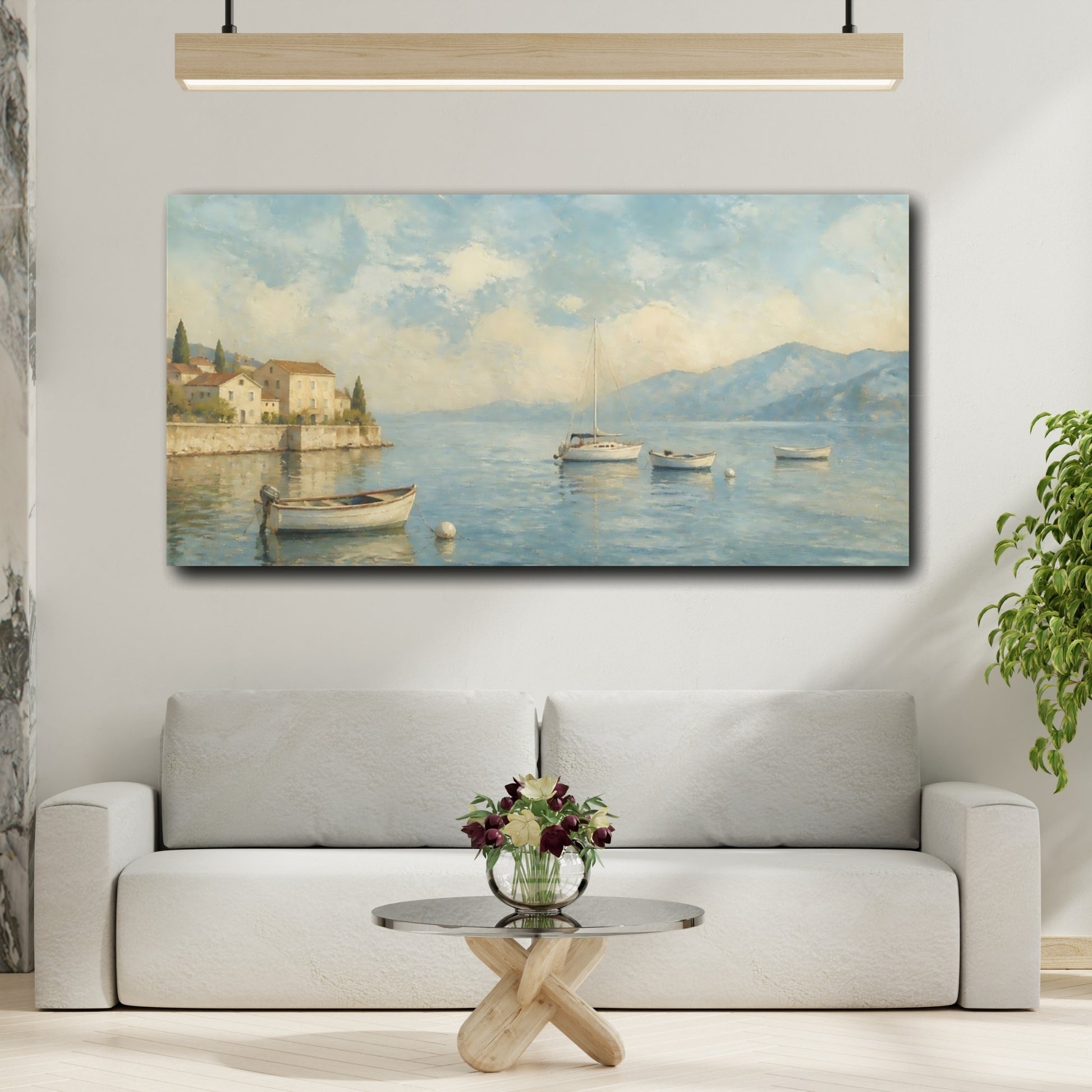 Mockup 2. Harbor Morning Boats shown as canvas print