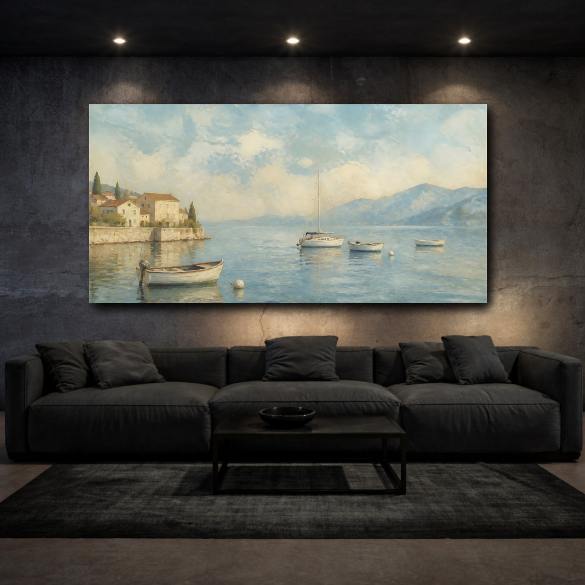 Mockup 3. Harbor Morning Boats shown as canvas print