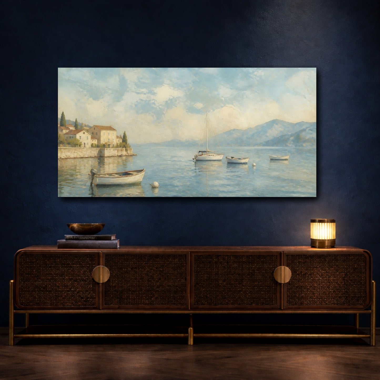 Mockup 4. Harbor Morning Boats shown as canvas print