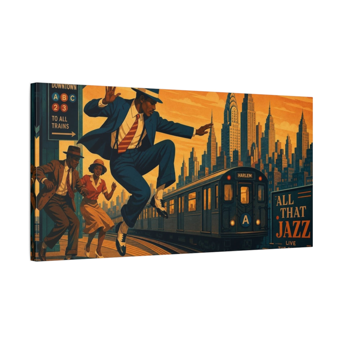 Side Mockup 1. Harlem Jazz Leap shown as canvas print