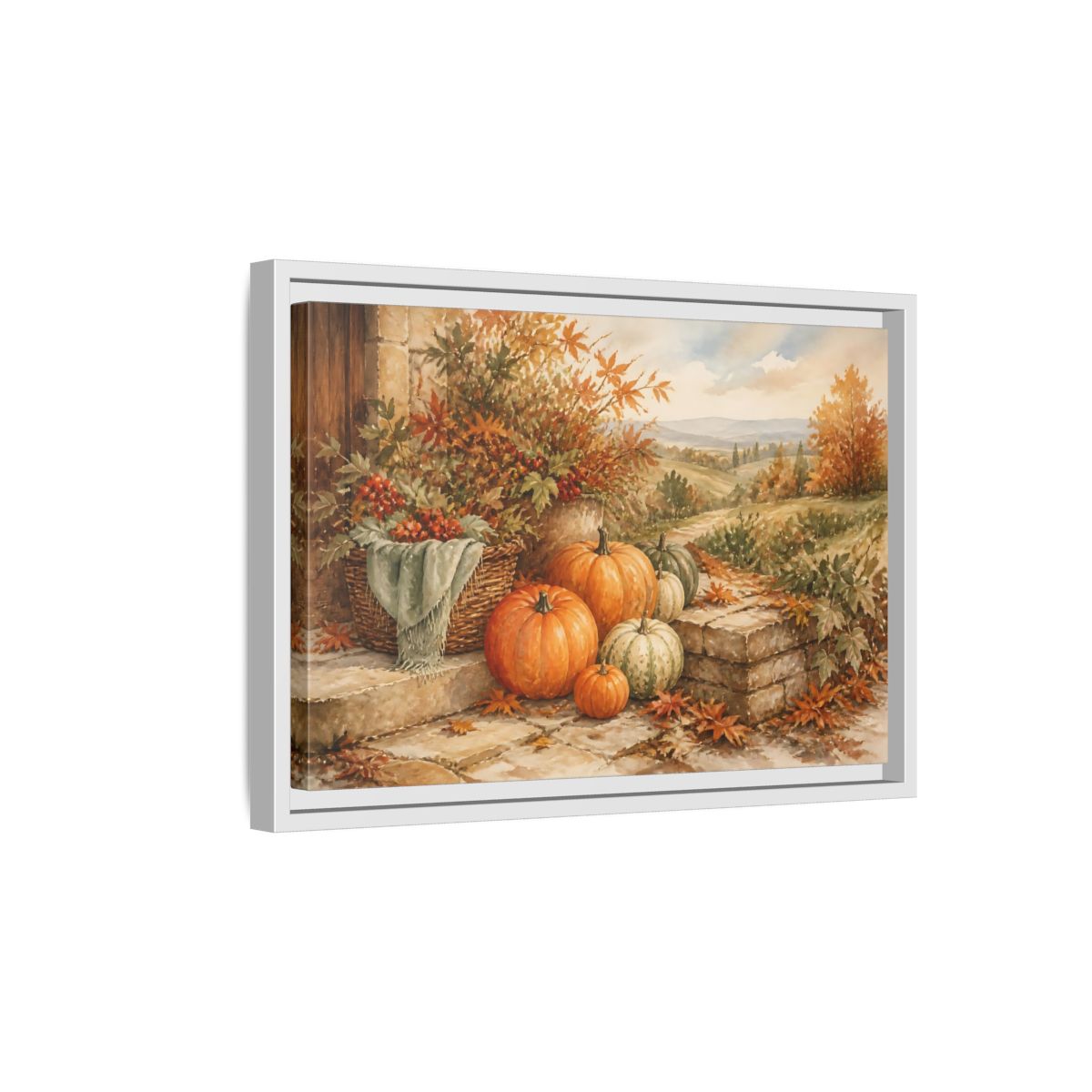 Side Mockup 4. Harvest Pumpkins On Steps shown as framed canvas print