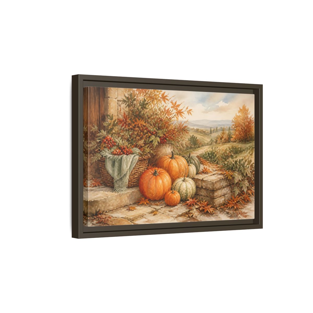 Side Mockup 5. Harvest Pumpkins On Steps shown as framed canvas print