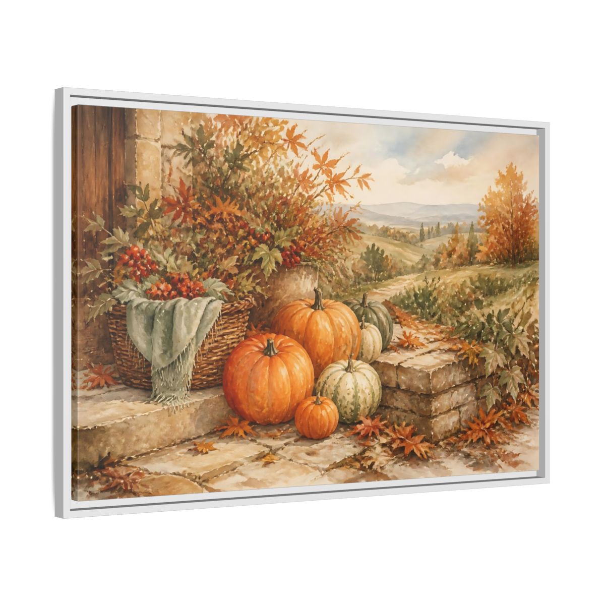 Side Mockup 9. Harvest Pumpkins On Steps shown as framed canvas print