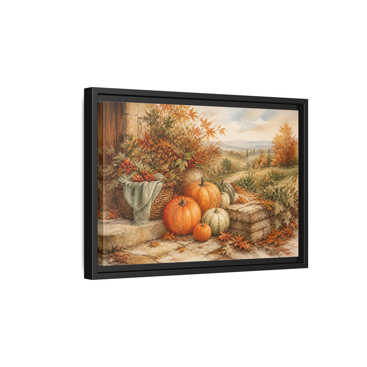 Side Mockup 6. Harvest Pumpkins On Steps shown as framed canvas print