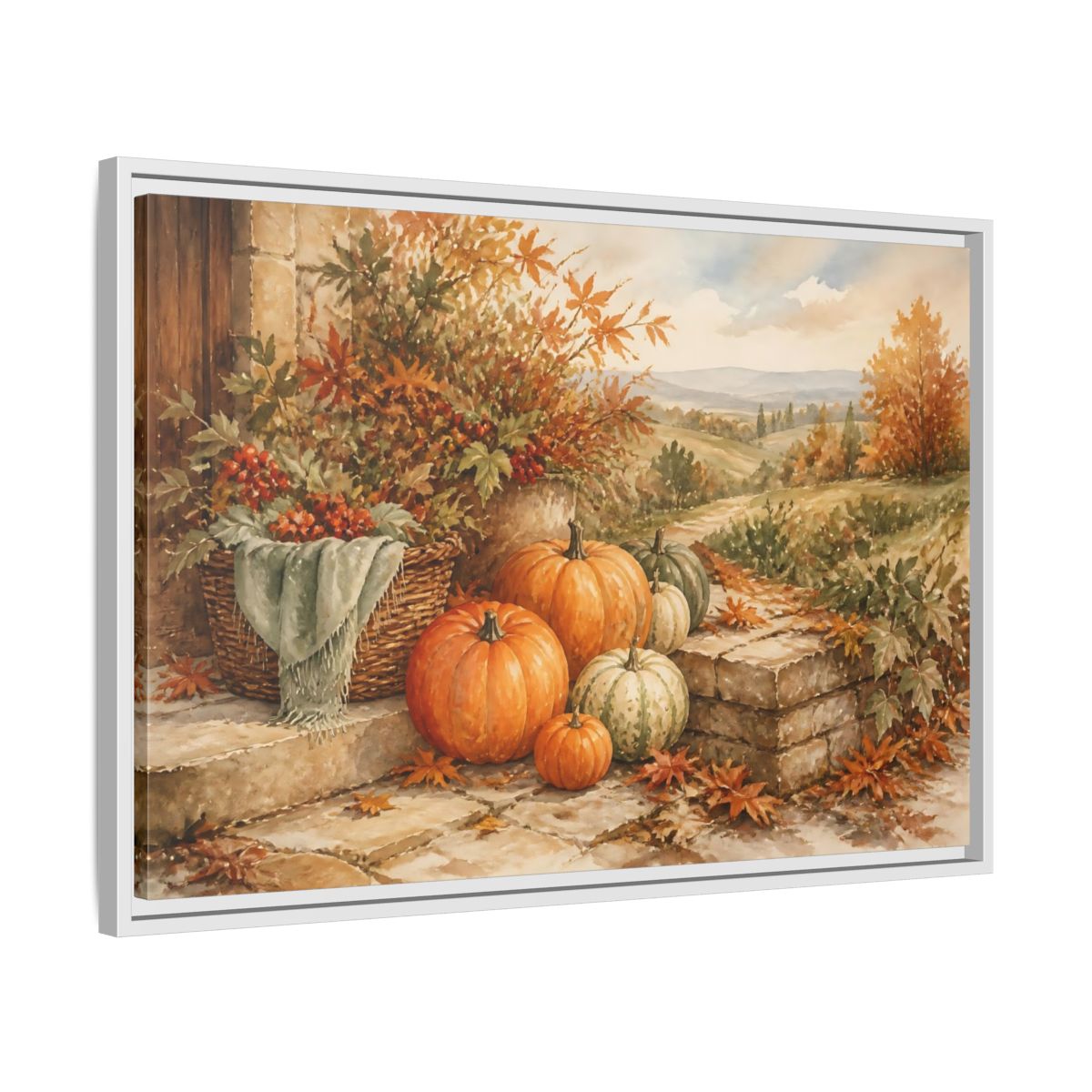 Side Mockup 10. Harvest Pumpkins On Steps shown as framed canvas print