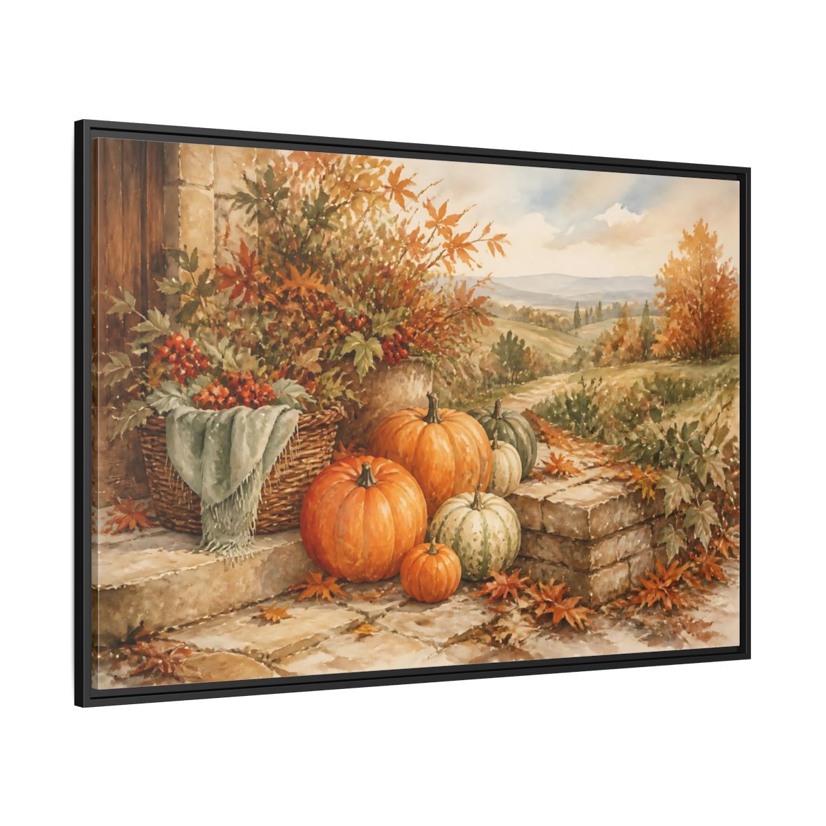 Side Mockup 12. Harvest Pumpkins On Steps shown as framed canvas print