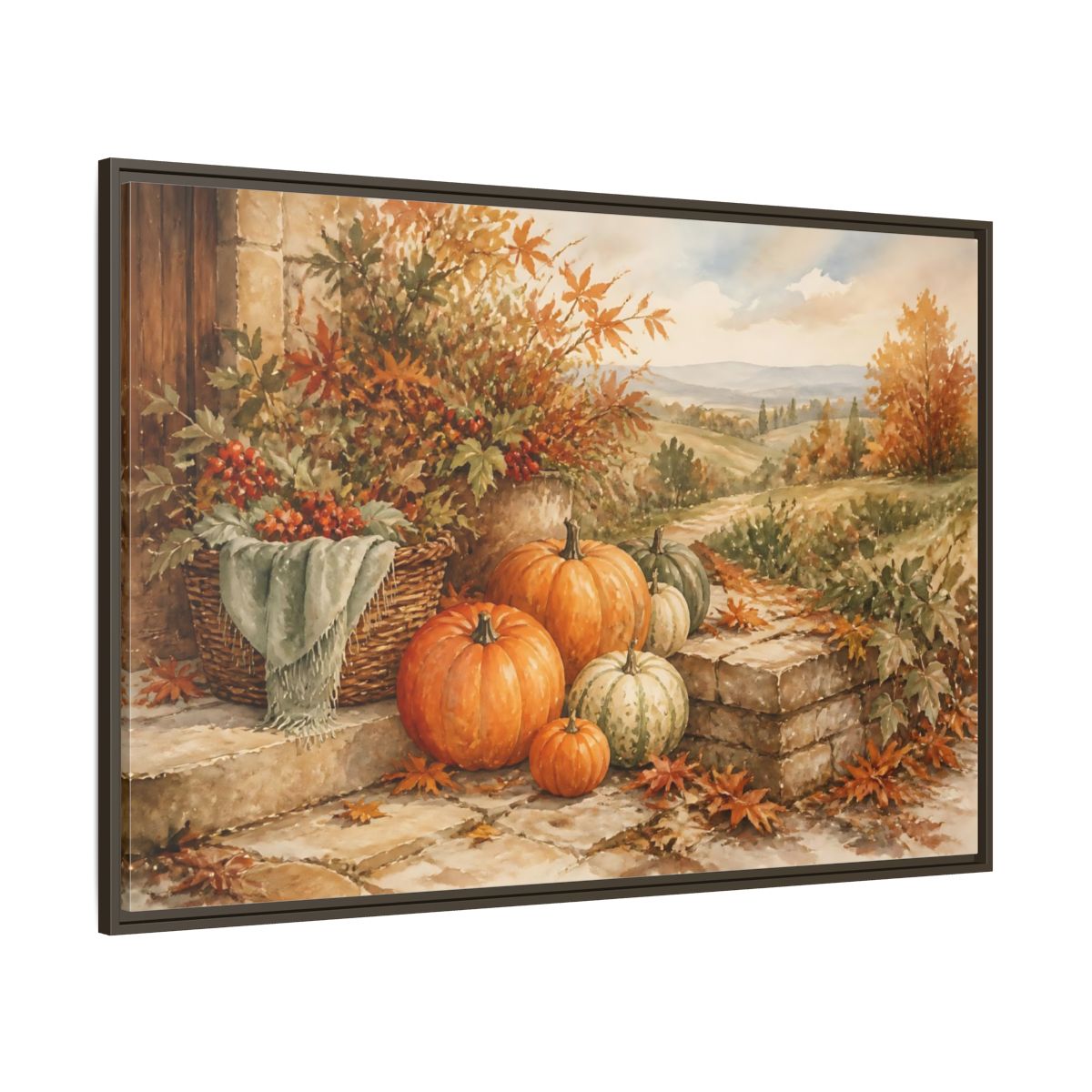 Side Mockup 8. Harvest Pumpkins On Steps shown as framed canvas print