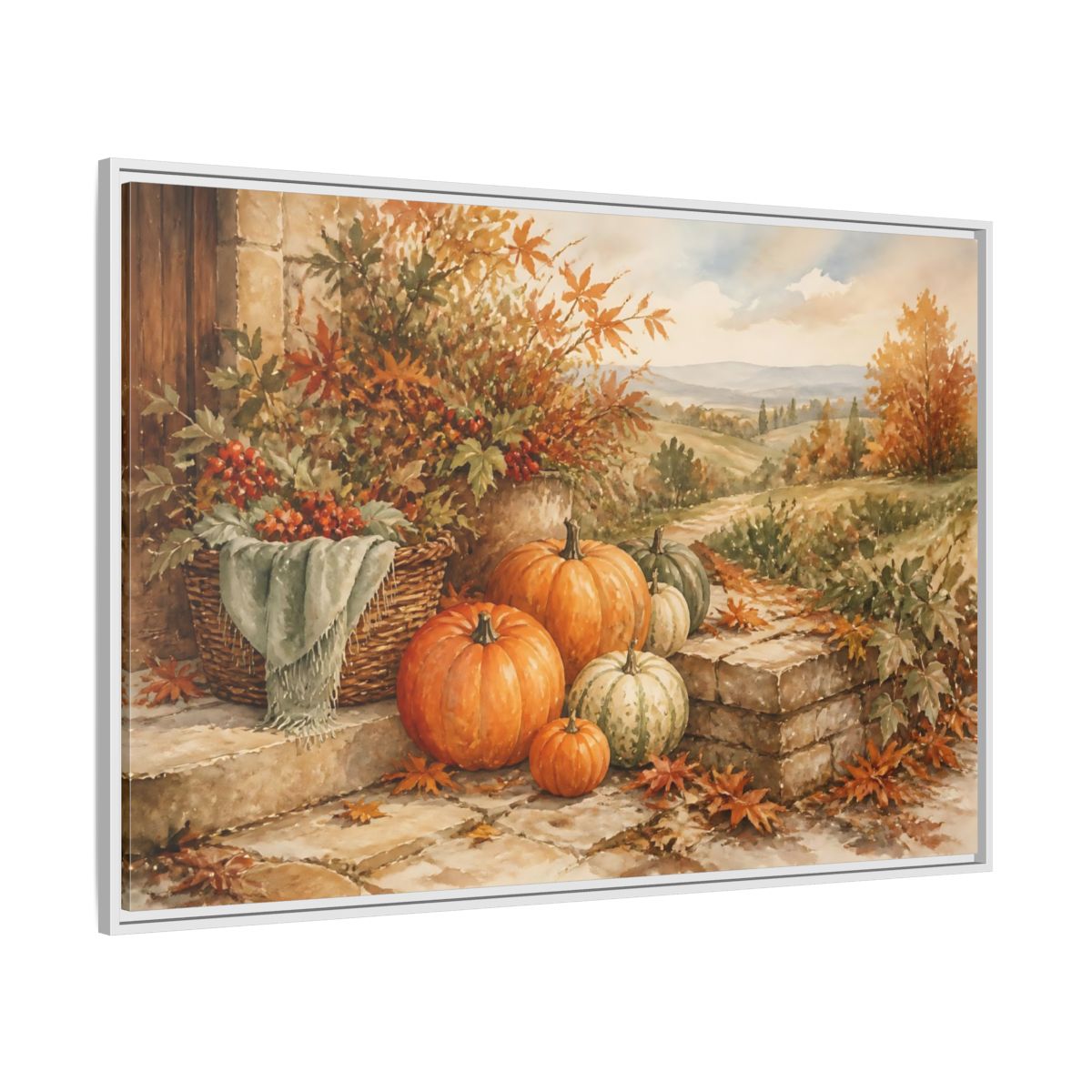 Side Mockup 7. Harvest Pumpkins On Steps shown as framed canvas print